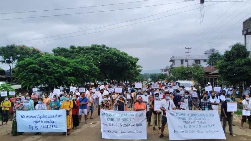 The Zeliangrong Students' Union Nagaland and Kuki Students'Union, Nagaland along with the civil society organizations of Jalukie during a peaceful protest rally in Jalukie town on June 24. ZSUN, KSO and Zeme Youth Organization Nagaland (ZYON) on July 11 informed that they are temporarily putting the agitation on halt following a meeting with the state level committee headed on July 9. (Photo: ZSUN/Morung File Photo)